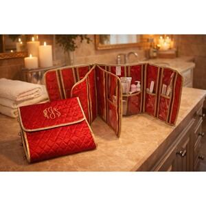 Vintage Lillian Vernon Red Quilted Cosmetic Bag RJS Monogram